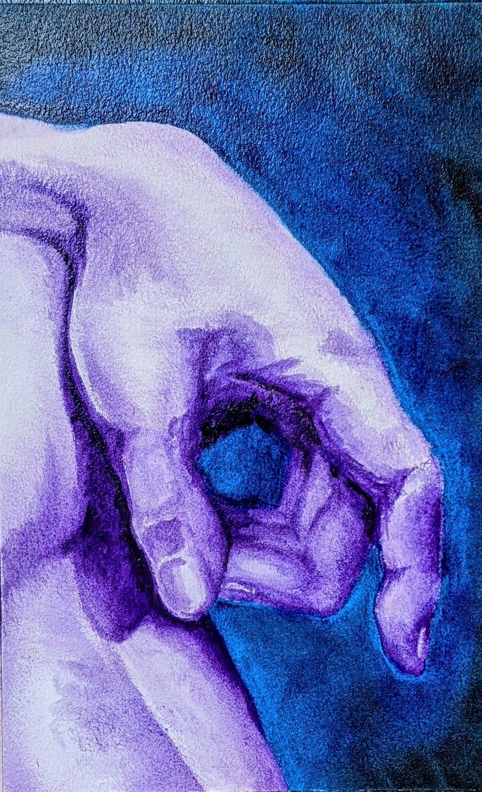 painting of a masculine hand resting against his knee; skin is an iridescent violet against a dark blue background