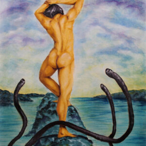 painting of golden-hued male beauty, from behind, being menaced by tentacles emerging from the water