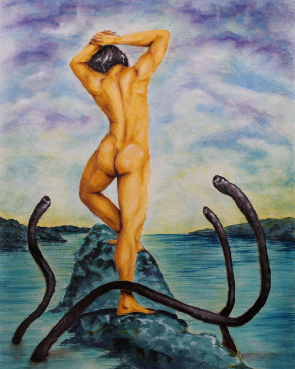 painting of golden-hued male beauty, from behind, being menaced by tentacles emerging from the water