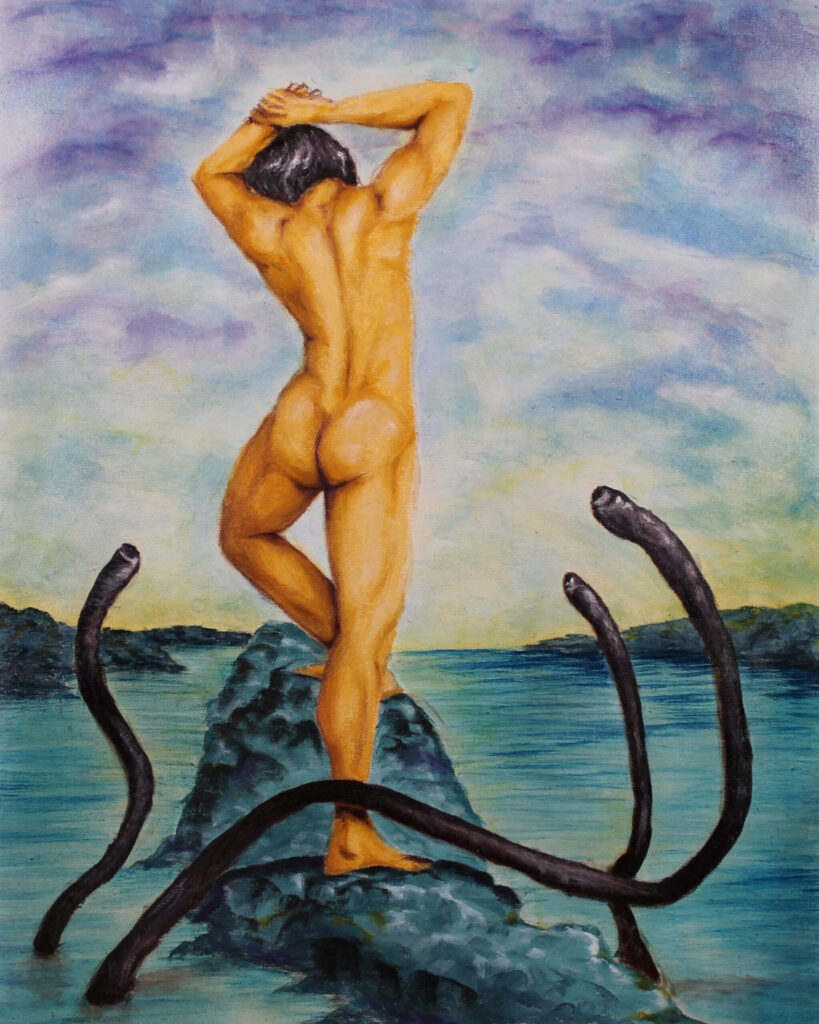 painting of golden-hued male beauty, from behind, being menaced by tentacles emerging from the water