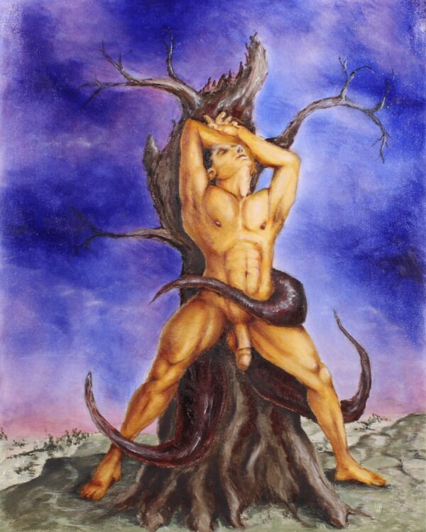 A golden male beauty leans ecstatically against a withered tree whose roots are coming to life and embracing them