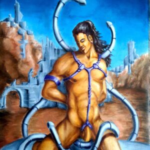 golden, muscular male surrounded by metal tentacles