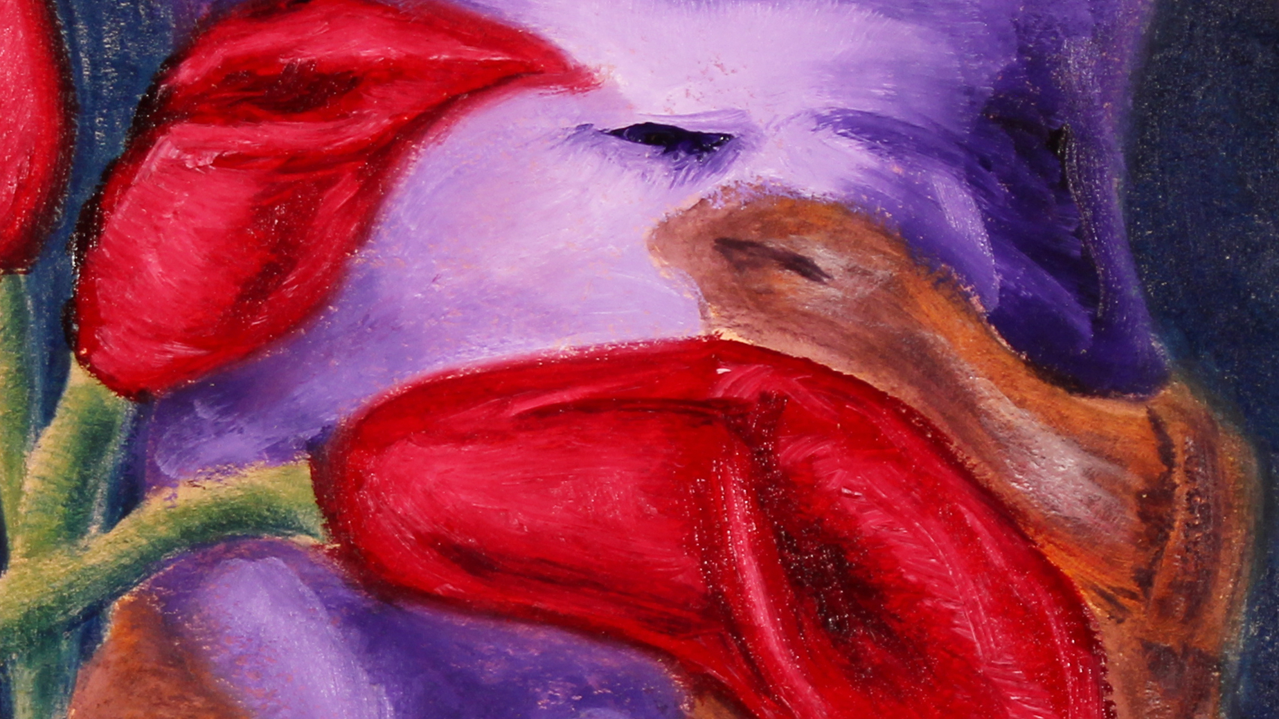 purple hued male figure with visible erection with vibrant red calla lilies draped across his abdomen