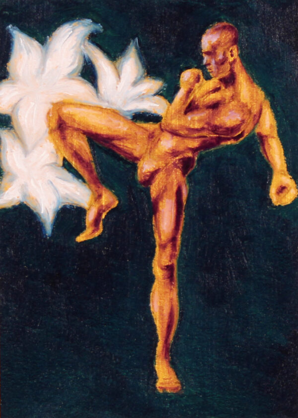 golden muscular fighter figure against a dark background with gracefully flowing white flowers