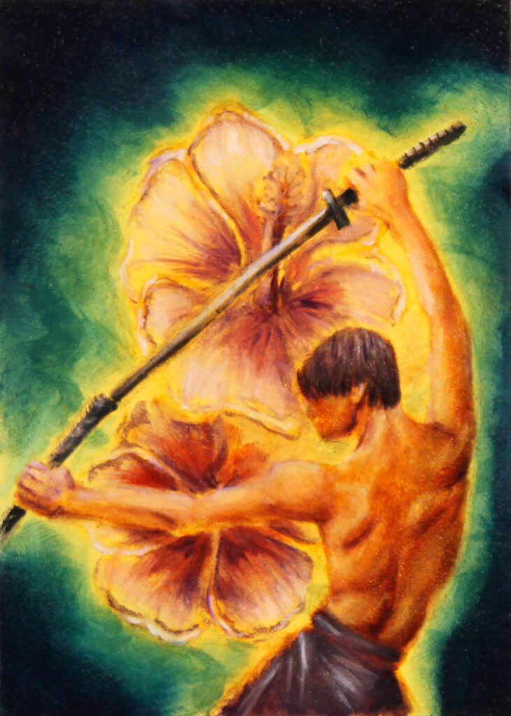 Slim, muscular, shirtless fighter unsheathing a swords against a backdrop of giant, glowing hibiscus flowers; example of an erotic work with underlying buddhist themes