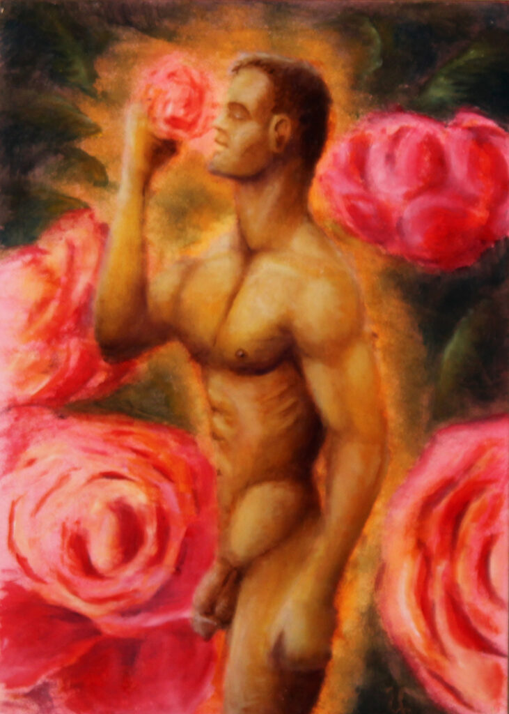 painting of nude male against a background of giant billowing pink roses; an example of erotic work with underlying buddhist themes