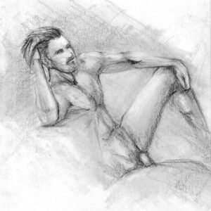 pencil drawing of seated male nude, leaning with one hand on his head, his long hair peeking through the fingers