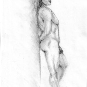 pencil drawing of nude male leaning against a wall, head turned and looking off into the distance