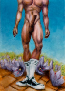 painting of standing male figure from the neck down; he's naked except for athletic socks and chuck taylor sneakers; he's standing on a yellow brick road flanked by impossibly large crocus flowers