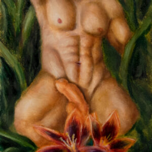 painting of nude male torso against a dark leafy background; his semi erect cock is flopping gently to the left; he's flanked by bold tiger lilies