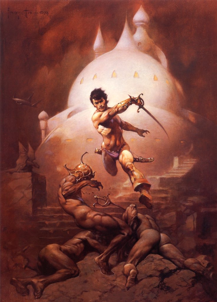 a gay erotic surrealist painting of a fair skinned, dark haired, gorgeously muscular and mostly naked swordsman leaping over mostly naked aliens writing on the ground; the otherworldly background features a fantastic white domed structure and ruins of stone staircases creating a fantastical alien environment.