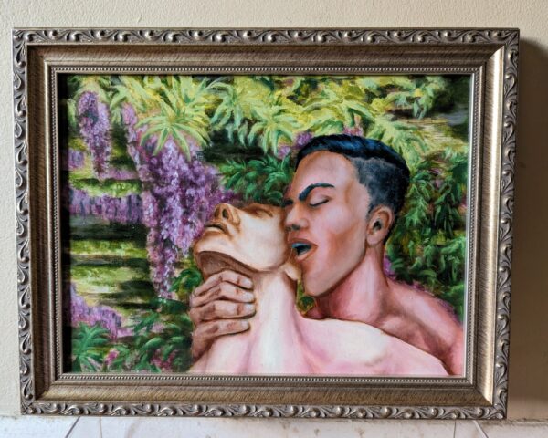 framed oil painting of two men, one passionately grabbing the neck of the other; they framed by abundant foliage and wisteria blossoms