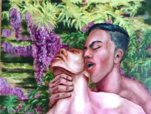 painting of two men, from the shoulders up, one behind the other passionately grabbing his neck, the one in front head thrown back in ecstasy; they set against a backdrop of vibrant purple wisteria