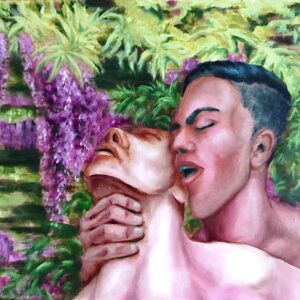 painting of two men, from the shoulders up, one behind the other passionately grabbing his neck, the one in front head thrown back in ecstasy; they set against a backdrop of vibrant purple wisteria