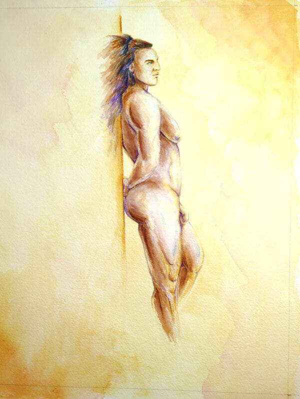 watercolor painting of nude male figure leaning against a wall, bathed in golden light