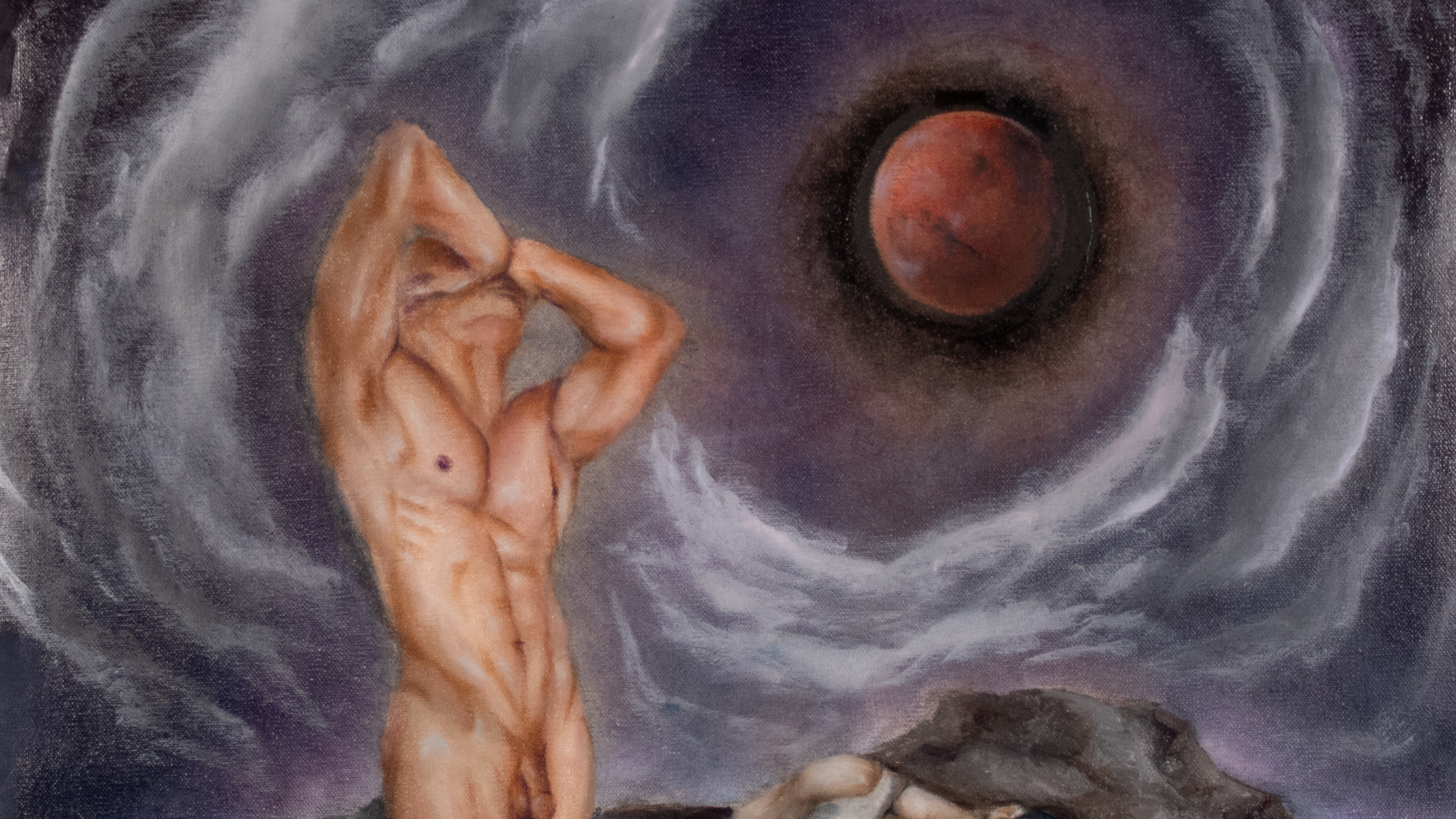 oil painting of two male figure, one nude standing to the left, the other lying on the ground before a surreal landscape of swirling clouds, a red planet, and flowers