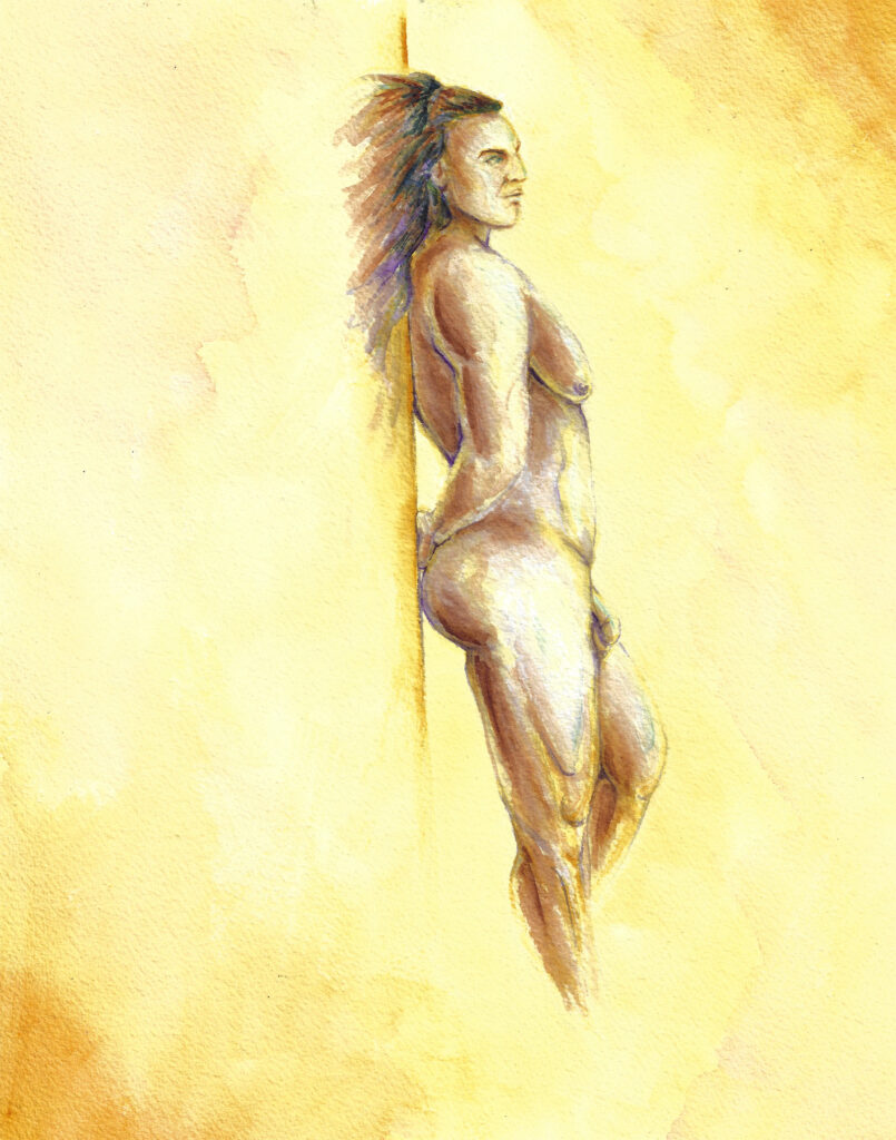 watercolor painting of nude male leaning against a wall and looking off in to the distance