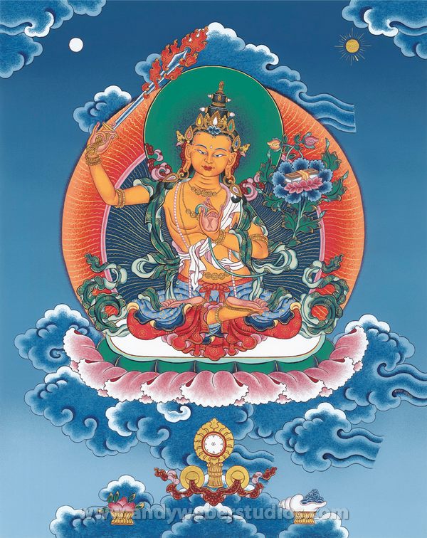 painting of manjushri, buddha of infinite wisdom wielding a flaming sword 