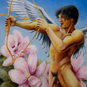 youthful, golden hued muscular angel figure aiming a bow a arrow