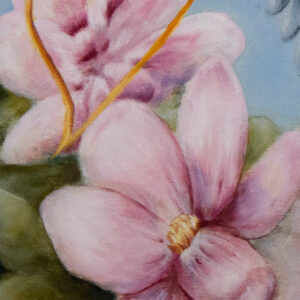 detail of an oil painting showing delicate magnolia blossoms