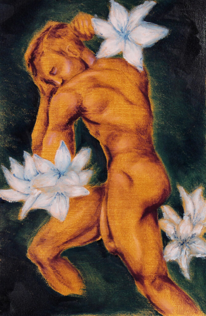 golden hued, muscular male figure shown sleeping on a dark green background and graced with delicate white blossoms