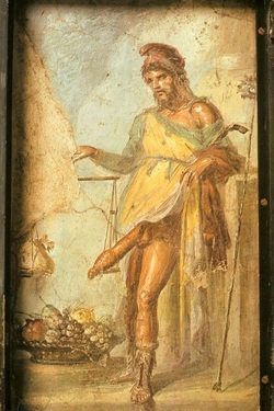 ancient roman fresco of the god priapus weighing his enormous phallus