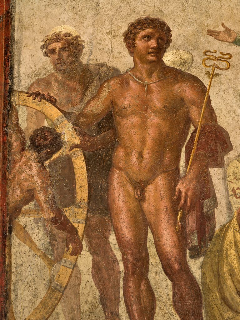 ancient roman fresco of the god apollo depicted as a very hunky tanned himbo