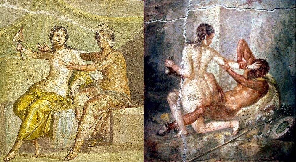 two ancient roman frescoes depicting amorous male-female couples