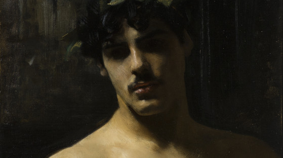 detail of John Singer Sargent painting of youthful male athlete, presumably nude, crowned with laurel leaves, instead of triumph, the dark background, deep shadows and his somber expression convey something much deeper and mysterious