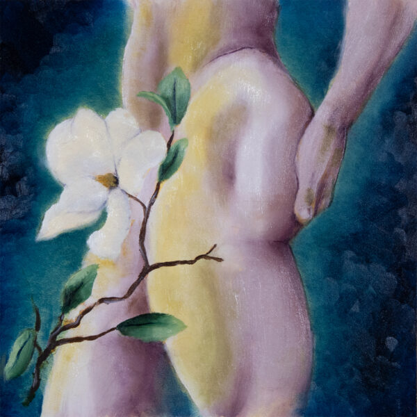 oil painting of a nude male pelvis and upper legs, from the side. one hand is gently caressing his shapely butt. a large luminous magnolia is discreetly hiding his endowment