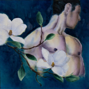 light skinned naked male torso against a dark blue background. he's turned away from the viewer looking down. large magnolia blossoms in the foreground