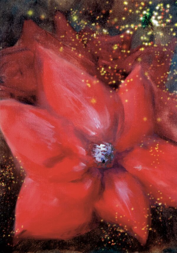 impressionistic painting of a poinsettia flower with a light sparkle of glitter flowing over it