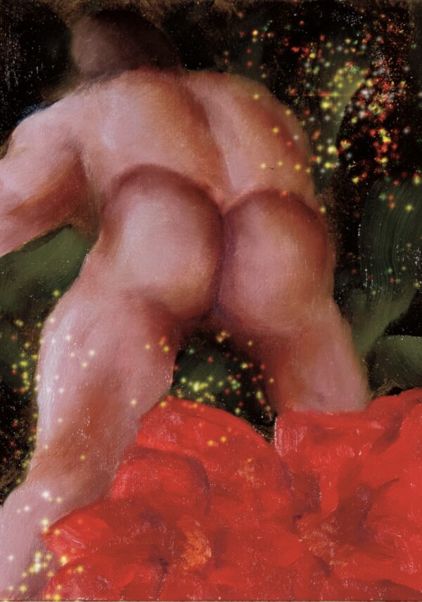 painting of a nude male, bending over showing his shapely buttocks behind a large display of poinsettia flowers and a graceful sprinkle of golden glitter in the background