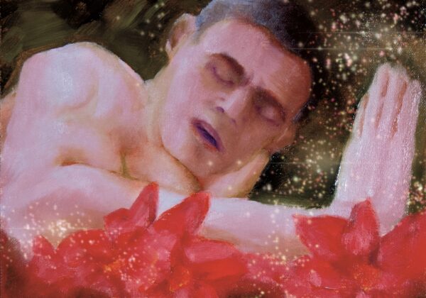 painting of a young man, bent over, hands against a wall, eyes closed and expression showing great delight, he's graced by gentle poinsettia blossoms and golden glitter