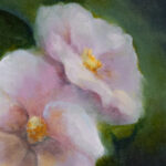 painting of delicate pink camelia blossoms graced with moonlight against a dark and mysterious background