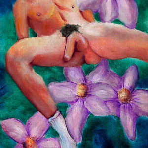 oil painting of nude male seated and leaning way back, his head back, too. he's got one sock on, but nothing else. his prominent endowment is flopping gently to the left and serves as the visual focus of the work. his golden skin tones are contrasted nicely by the dark blues and greens of the background. behind the figure giant purple flowers float gently