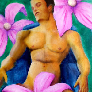 painting of a nude male, seated in a blue chair against a lush green background. he's head is leaning to one side and his eyes are closed pleasurably. Giant pink flowers surround him contrasting the golden hues of his nude skin.