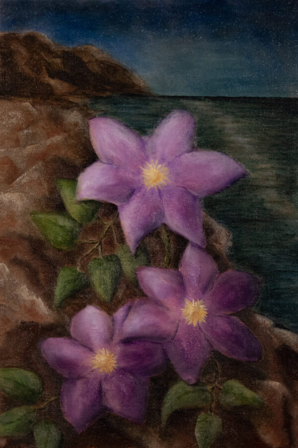 oil painting of three vibrant purple clematis blossoms draped gracefully over dark rocks. in the background is a luminous sky at dusk with a gentle glow of calm the calm waters of the deep blue sea