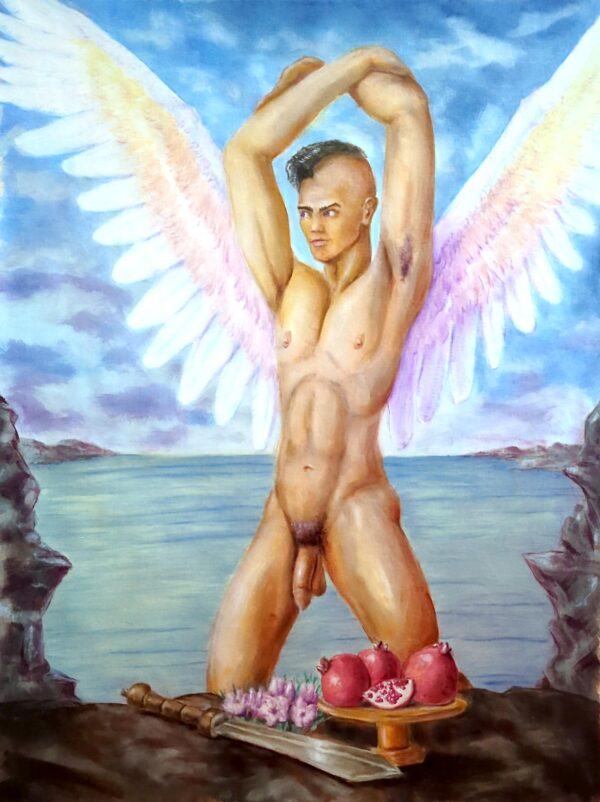 oil painting of nude male angel, wings outstretched in front of a placid seascape. in front of him are offerings of a gladiator sword, saffron crocuses, and pomegranates