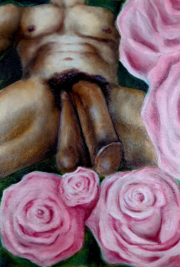 oil painting of a seated male groin, prominent resting endowment demanding attention, surrounded by delicate pink roses