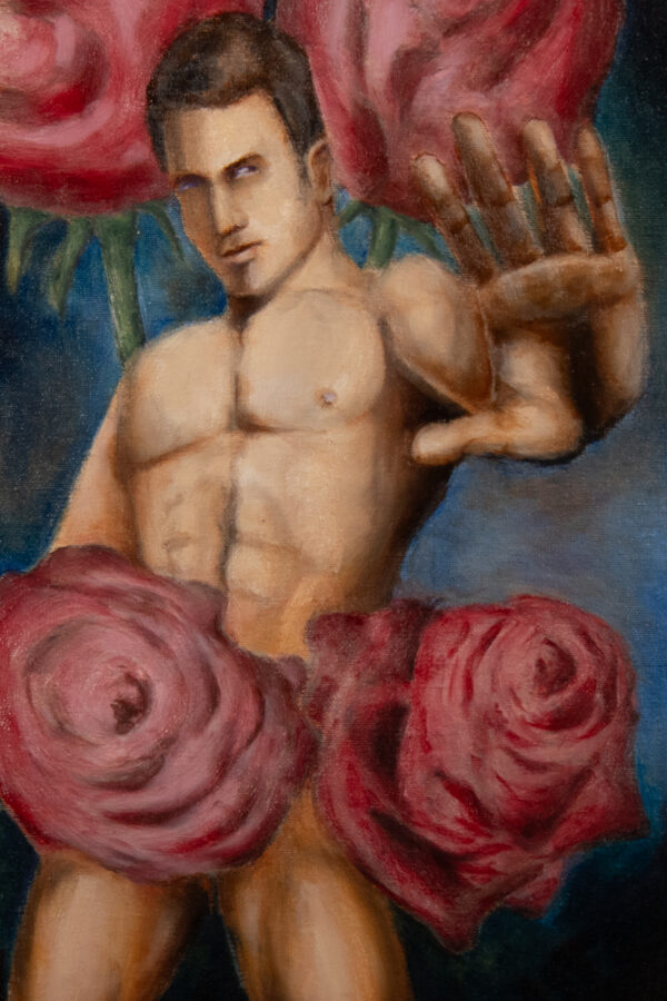 oil painting of standing, nude, golden skinned male. his left hand is outstretched toward the viewer, and his right hidden behind giant red rose blossoms discretely positioned to suggest but not show his nudity and beg the question of what's going on with his other hand